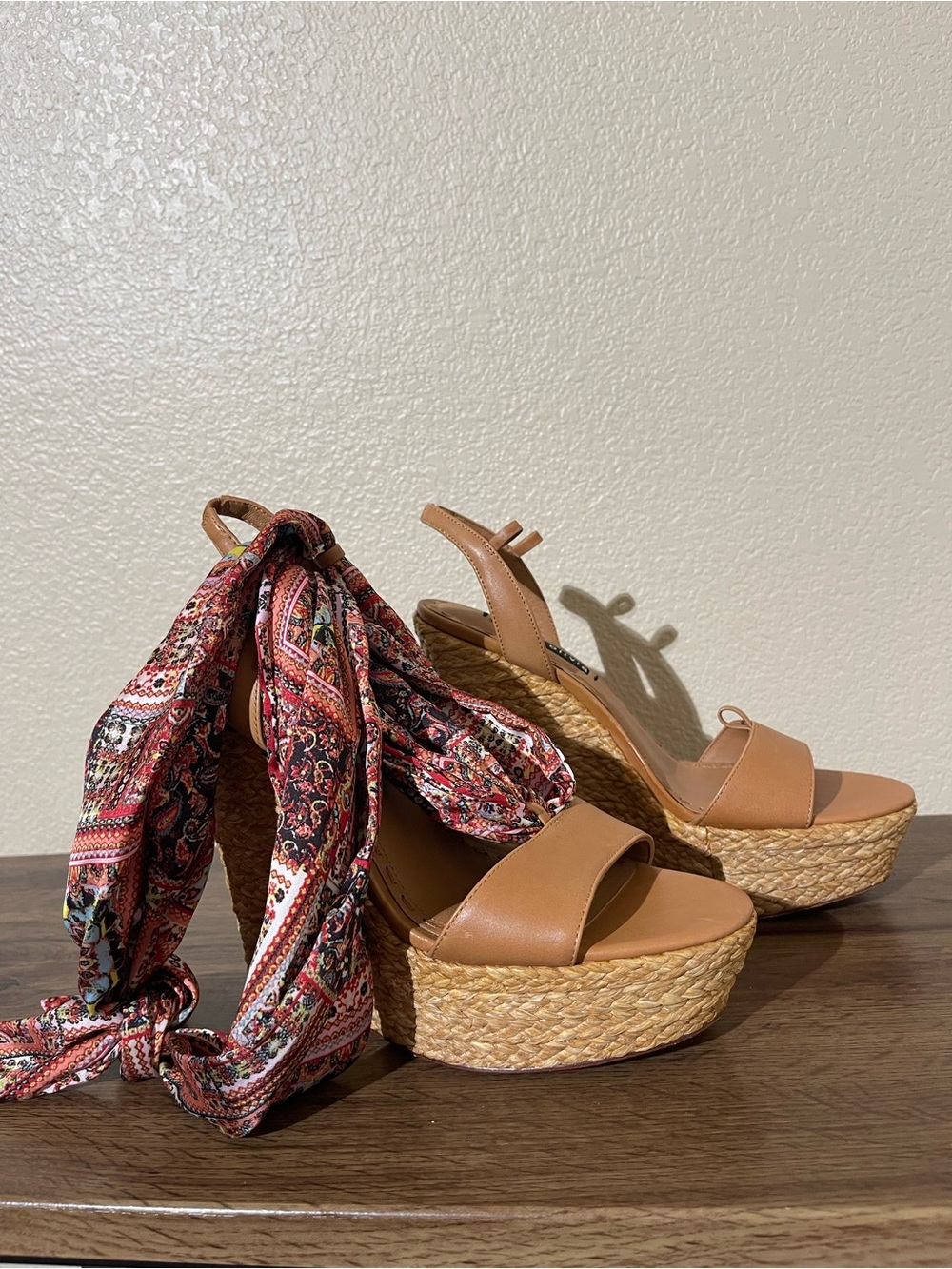 Alice + Olivia Tan Espadrille Wedge Sandals with Wrap Scarf